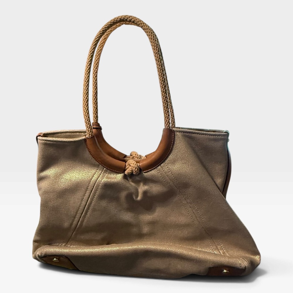 Michael Kors Metallic Canvas Tote Bag Tan Gold Braided Rope Handle Large